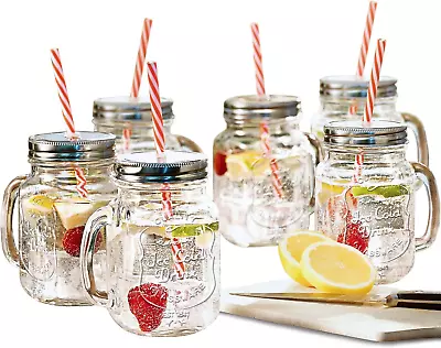 Glass Mason Jars With Handles Lid And Straw 16OZ Drinking Glasses Cup • $30.97