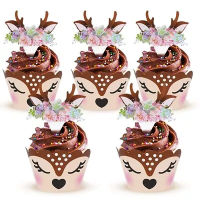24pcs Sika Deer Cupcake Wrappers Cartoon Antlers Paper Cake Toppers Party Decor • $18.99
