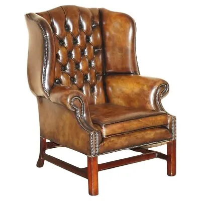 Comfortable Vintage Restored Brown Leather Tufted Chesterfield Wingback Armchair • £2500