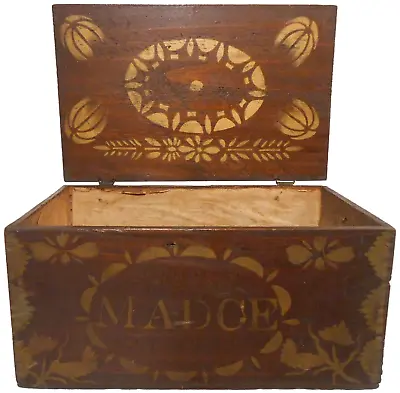 Late 19th C American Folk Art Prmtv Gold Stncld Pine Dec Wd Box W/'madge' Name • $437.50