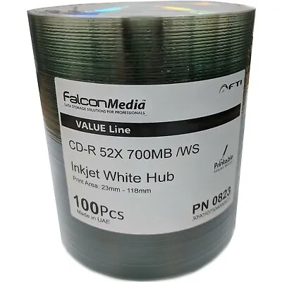 100x Falcon CD-R 52x 700mb Full Face Inkjet White Value Line A Grade Media • £19.99