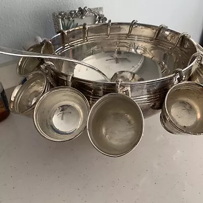 Mid Modern Silver Plate Punch Bowl With Twelve Cups. • $90