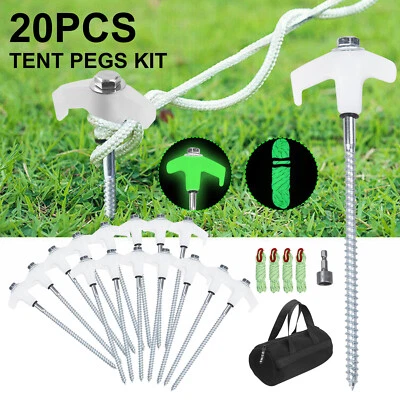 $41.99 • Buy Screw In Camping Tent Pegs Glow In The Dark Head +Wind Ropes +Hex Drill Bit +Bag