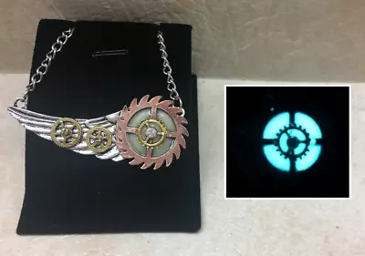 Steampunk Gear WING GLOW In The DARK Aqua Gear Fantasy Charm Pendant Necklace • $10.95