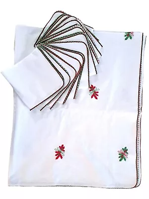 Vintage Hand Embroidered Christmas  Tablecloth~12 Napkins~Holly/Bows~60x96  • $38.99