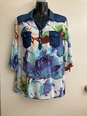 Desigual Sz Large  3/4 Adjustable Sleeve Collared Blouse Pockets • $25