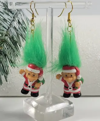Vintage Christmas Earrings Holiday Plastic Trolls Green Signed RUSS STATEMENT • $19.99