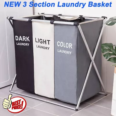 Laundry Basket Hamper Clothes Bin Organiser Folding Light Dark Colour 3 Section • £11.94