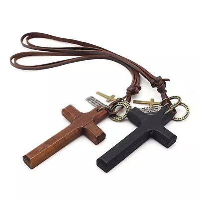 Vntage Wooden Cross Pendant Leather Rope Necklace Adjustable For Men Women • $16.78