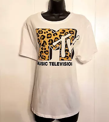 MTV Classic Logo T-Shirt Music Video Television 1X Large White Leopard Print Top • £17.30