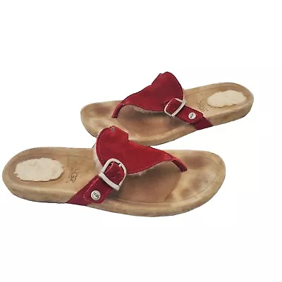 Ugg Leather Sherpa Lined Flip Flops Shoes Womens Size 6 Red Buckle • $29.99
