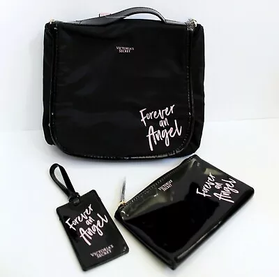 Victoria's Secret Forever An Angel 3-Pc Black Hanging Travel Case Zip Pouch Tag • $30.77