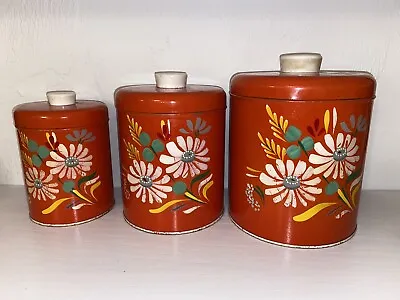 Vtg Orange Canister Metal Set Flower Hand Painted Orange Ransburg Daisy • $39.99