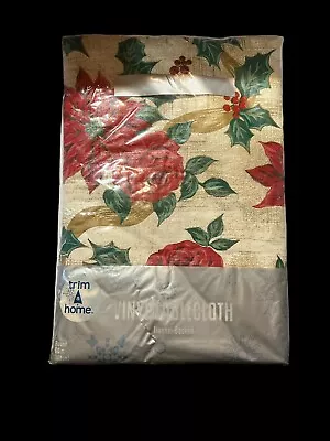 Vintage Christmas Holly Vinyl Flannel Backed 60” Round Tablecloth New In Bag • $5.99