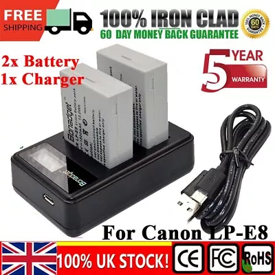 2X LP-E8 Li-ion Battery+LCD DUAL Charger For Canon EOS 550D 600D 650D 700D 7.2V • £18.49