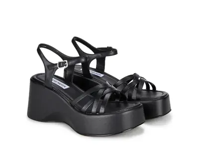 STEVE MADDEN Women's Crazy30 Black Leather Platform Sandals • $29.95