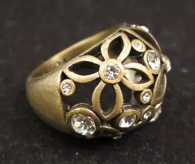 Vintage? Fossil Signed Domed Flower Cut Out Ring Clear Stones Size 7.5 Pewter Tn • $13.49