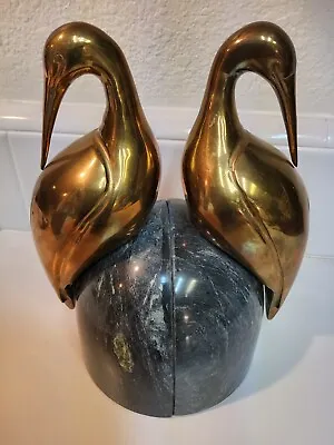 Mid 20th Century Brass Egret On Solid Deep Green Marble Bookends - A Pair • $659