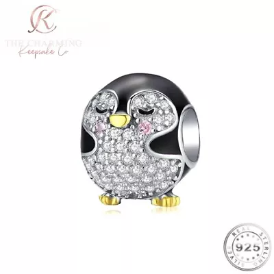 Penguin Charm Genuine 925 Sterling Silver  & CZ - Animal Gift • £16.99