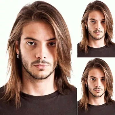 Men Long Full Wig Synthetic Male Brown Straight Fancy Wig Cosplay Party Wig • £15.67