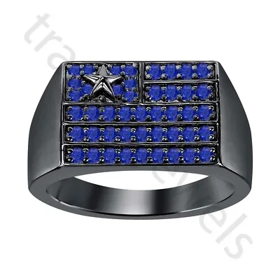 0.80 Ctw Lab Created Blue Sapphire 14K Black Gold Over S925 Flag Men's Ring • $128.13