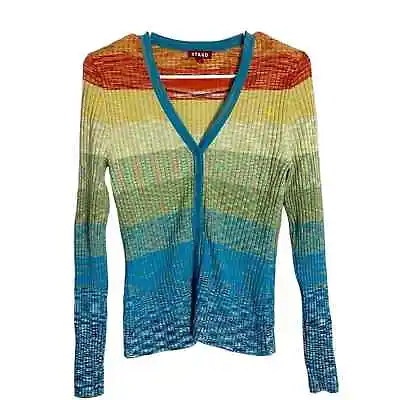Staud Cargo Striped V Neck Ribbed Cardigan Sweater Large • $109