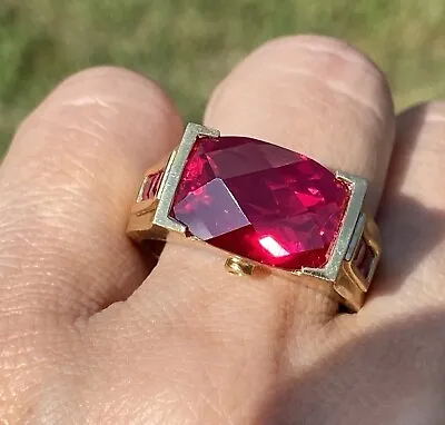 10K Yellow Gold Lab-Created Faceted Ruby Diamond Mens Vintage Ring Size 10.25 • $850