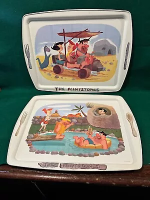 VINTAGE Flintstones Metal Snack Serving Trays PAIR 21'X16  Fred & Wilma ! RARE ! • $78