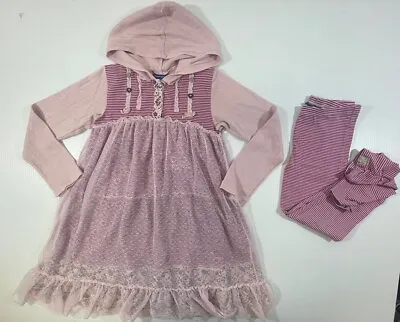 Naartjie Girl Pink Cotton Hooded Lace Overlay Long Sleeve Dress Legging Set 8/9 • $26.99