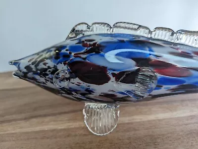 Large Murano Style Handmade Glass Fish 36cm White Blue Red Vintage • £20