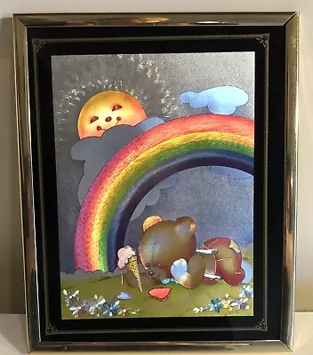 Vintage Framed Foil Art Colorful Rainbow Teddy Bear With Ice Cream Cone • $18