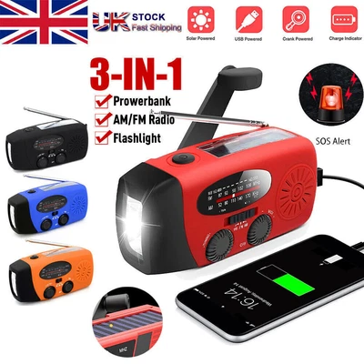 £13.99 • Buy Solar Portable Hand Crank Dynamo Wind Up AM FM Radio USB Charger Light Torch UK