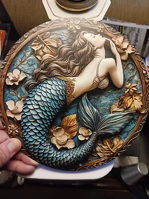 ~ 8 In Diameter Metal Sea Mermaid Sign  Carved Painted Circular Wreath Wall Art • $15.58
