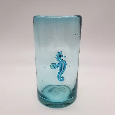 Blue Aqua Recycled Glass Seahorse Icon Tumbler Glass 6  T • $25.20