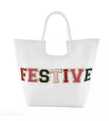 Mud Pie Large White Christmas Tote Cotton Chenille Glitter Patch FESTIVE Wording • $46