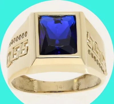 Mens Vintage Lab Created Sapphire CZ Greek Key Ring 14K YG  4.90CT  Size 11 1/4 • $395