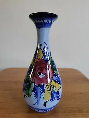 £11.90 • Buy Portuguese Alcobaca Pottery Vase Blue Flowers Glazed Hand-painted 17cm Tall