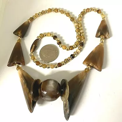 Vintage Genuine Horn Oval Brown Beads Horn Screw Clasp Necklace Damage • $24