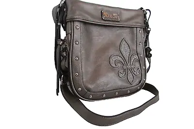 Miss Me Metallic Fleur De Lis Embellished Crossbody Expandable Zip Handbag-new • $39.99