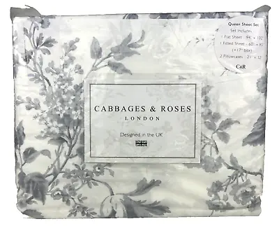 Cabbages And Roses QUEEN Alderney Greyish Blue Sheet Set Luxury Cotton Percale • $109.99