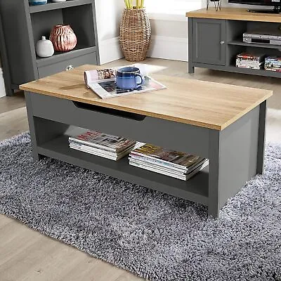 Lift-Up Coffee Table With Storage Shelf - Oak & Graphite Adjustable Top • £104.99