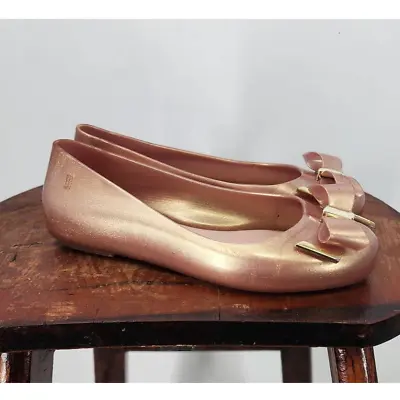 Mel Dreamed By Melissa Rose Gold Pink Glitter Bow Jelly Falts Size 1 Girls • $21.66