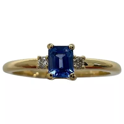 Delicate Ceylon Blue Emerald Cut Sapphire & Diamond Three Stone 18k Gold Ring • £560