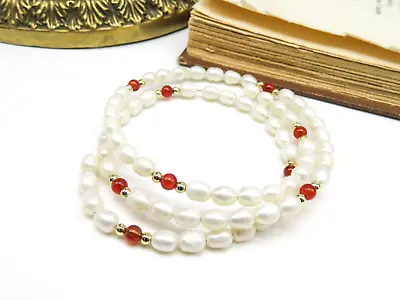 Vintage White Genuine Pearl Red Ruby Bead Wrap Bangle Bracelet KK38 • $18.69