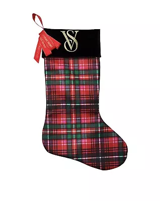 Victoria's Secret Logo Black Plaid Large Christmas Holiday Stocking VS Stripes • $14.99