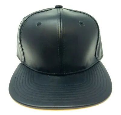 Solid Black Pu Faux Leather Snapback Hat Cap Blank Flat Bill Adjustable Retro • $12.95