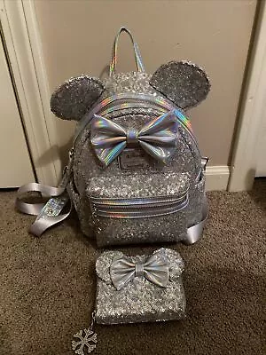 Loungefly Holographic Silver Sequin Minnie Mouse Mini Backpack And Wallet Set • $65