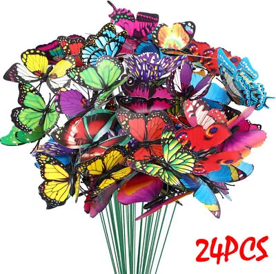 24X Colourful Butterflies Stakes Ornaments Garden Patio On Sticks Home Decor UK • £5.69