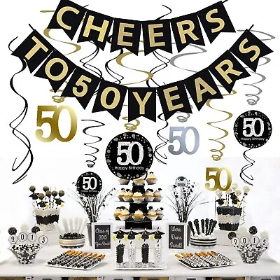 50th Birthday Party 50th Cheers To 50 Years Banner And Swirls Decoration Kit Set • £6.55