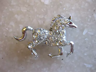 Vintage Silver Tone Running Horse Pin Brooch W/ Clear Rhinestones • $11.95